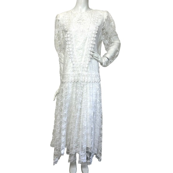 80s Jessica McClintock Victorian Bridal Dress Lace Drop Waist White Size Large - Picture 1 of 13